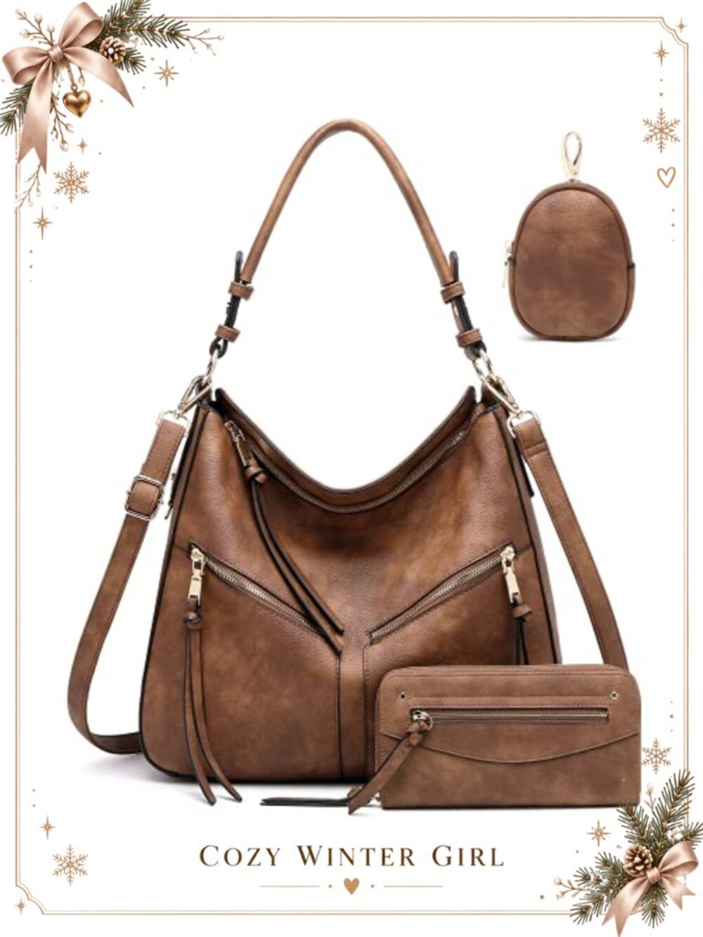 Vegan Leather Hobo Bag Set Crossbody Shoulder Purse Wallet Key Pouch